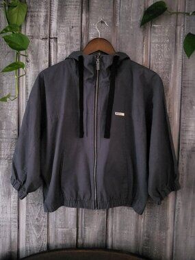 ROXY Gray Hooded Windbreaker Jacket Cropped Batwing Zip Up Large